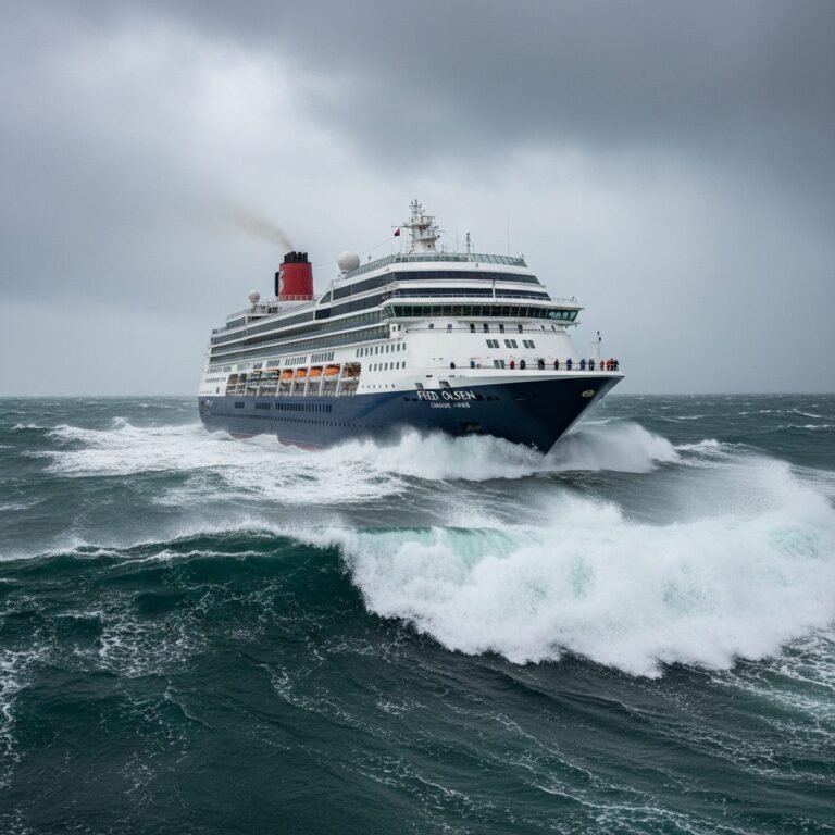 Fred. Olsen cruise ship Borealis navigating through rough seas with dramatic ocean waves