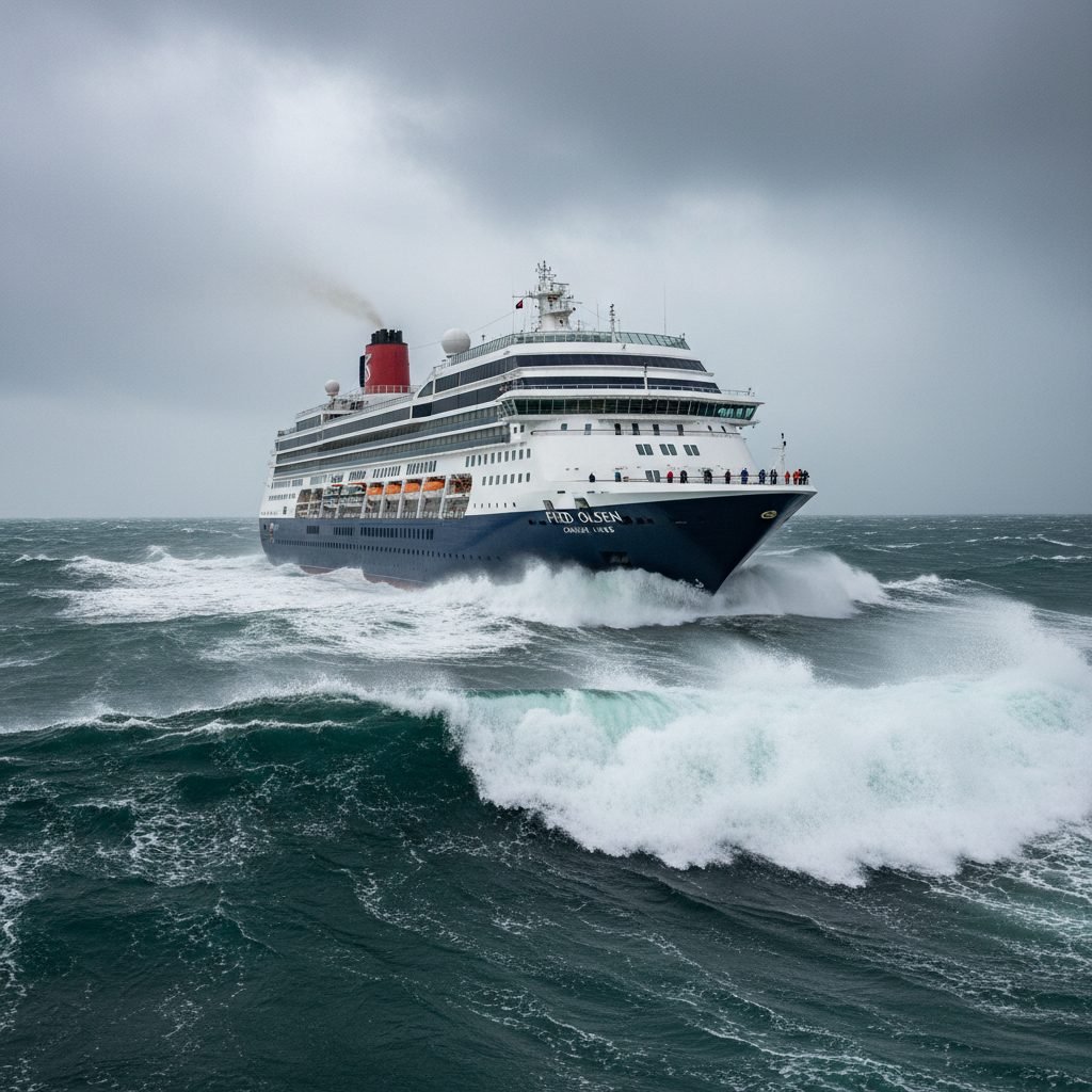 Fred. Olsen cruise ship Borealis navigating through rough seas with dramatic ocean waves
