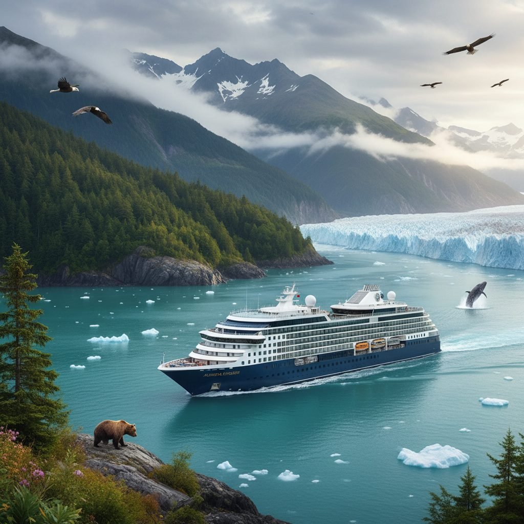 luxury cruise ship sailing through Alaska's Inside Passage