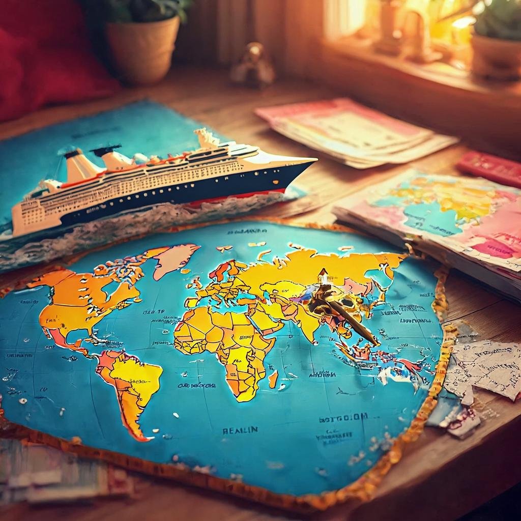 cruise planning concept with world map and compass