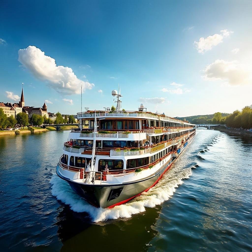 luxury river cruise ship on European river with elegant balconies