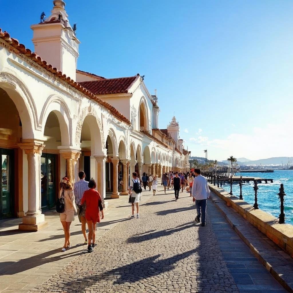 Barcelona cruise port terminal, Mediterranean architecture, tourists walking, sunny day