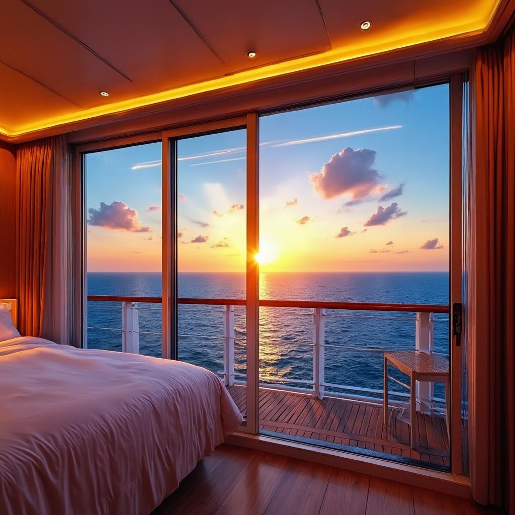 cruise balcony cabin ocean view sunset