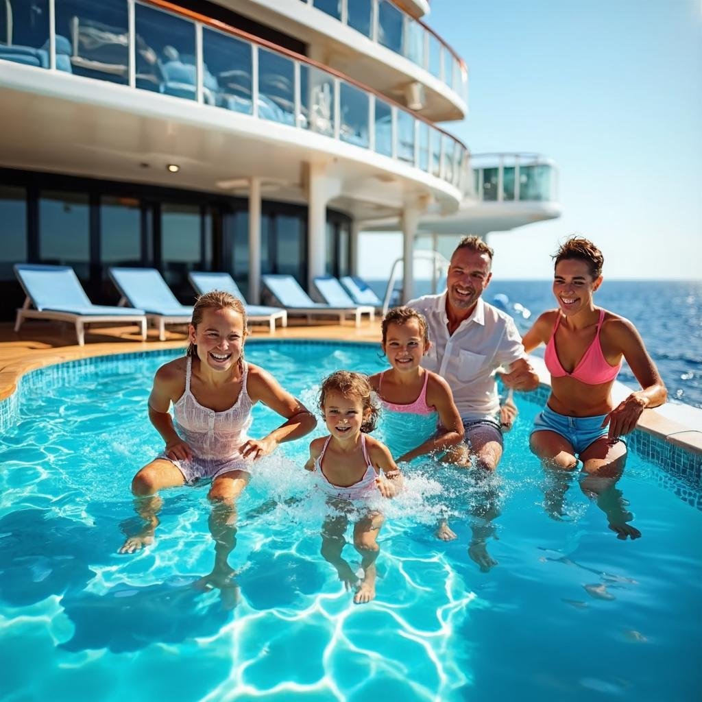 family enjoying cruise ship deck pool