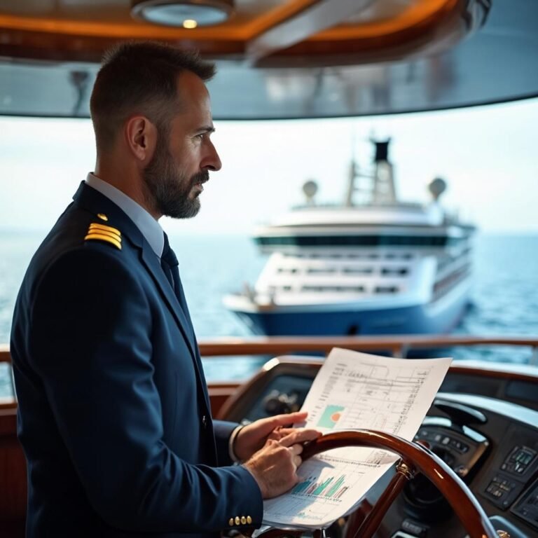 cruise ship captain with budget spreadsheet money saving concept