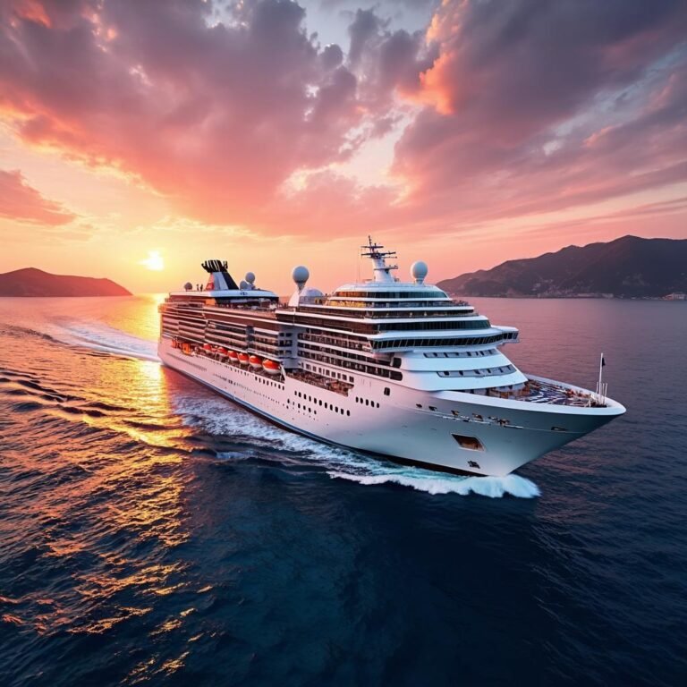 Mediterranean cruise ship at golden hour sunset