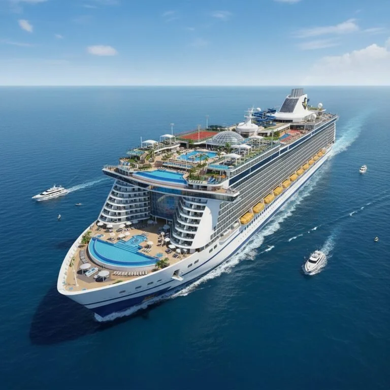 Mega cruise ship aerial view with multiple pools and activity decks