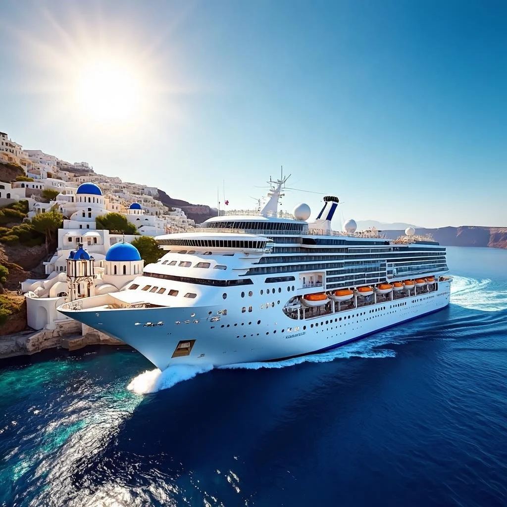 Mediterranean cruise ship past Santorini