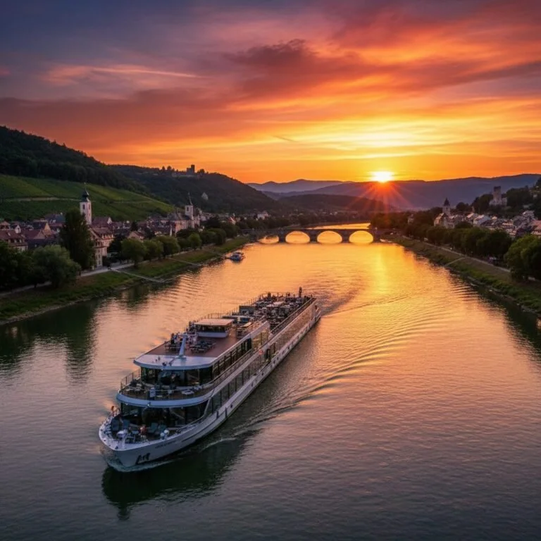 Luxury river cruise ship at sunset