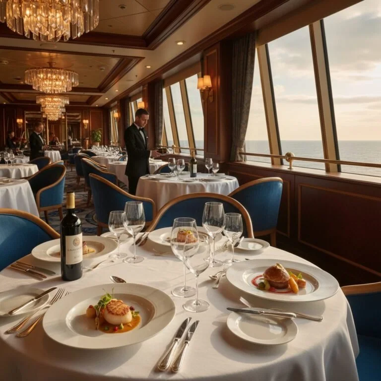 Elegant cruise ship dining room with gourmet food