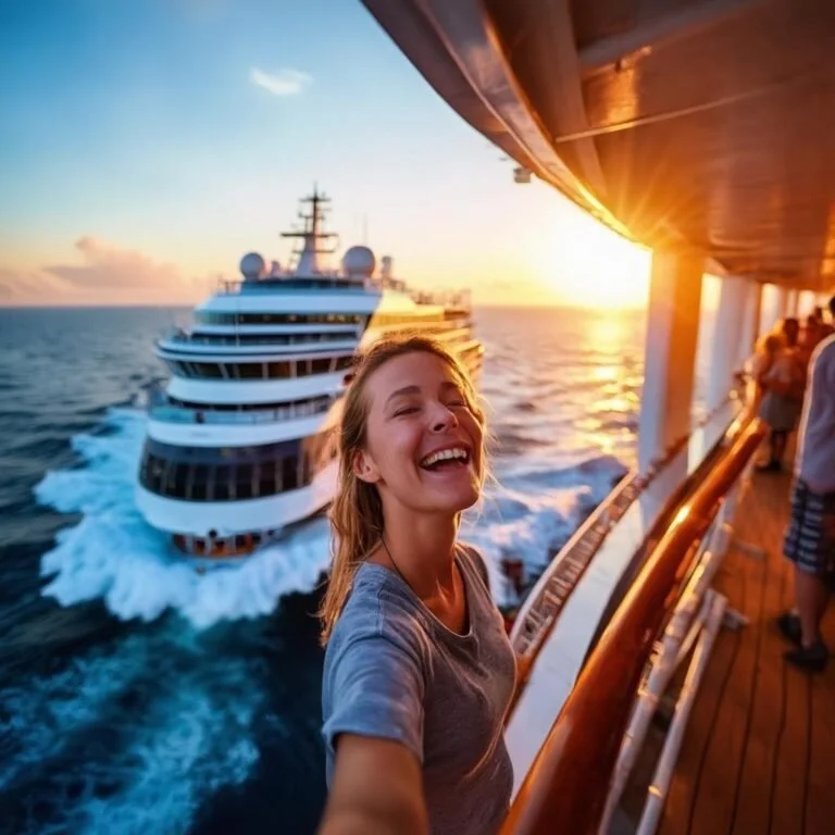 first-time cruiser on cruise ship deck at sunset