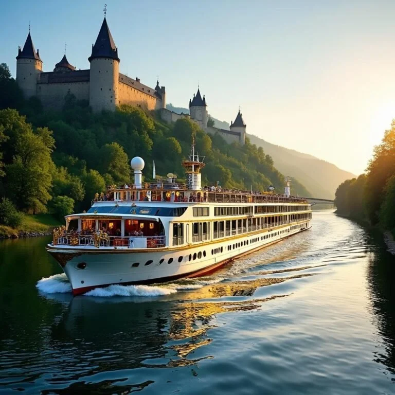 luxury river cruise ship European countryside