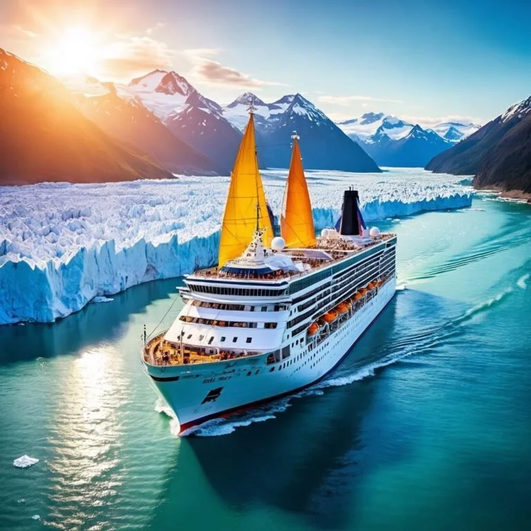 Alaska cruise ship sailing through glacier-filled waters, summer scenery