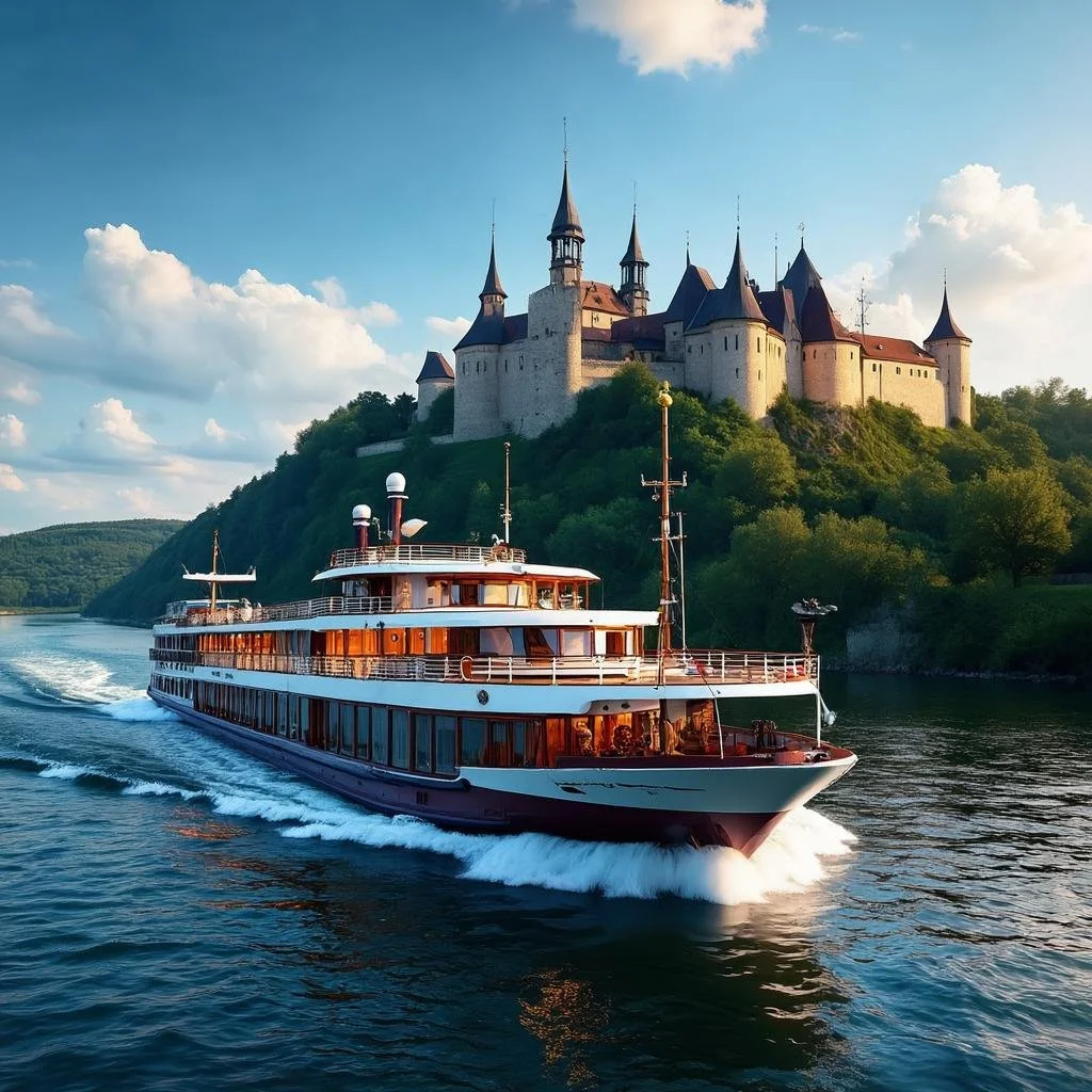 luxury river cruise ship sailing through scenic European countryside with castle on hill