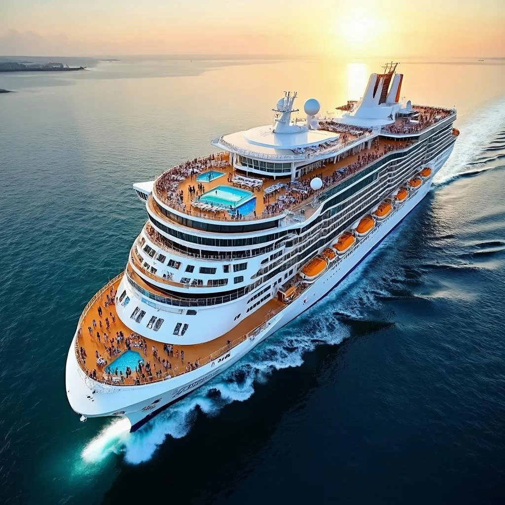 massive mega cruise ship at sea aerial view